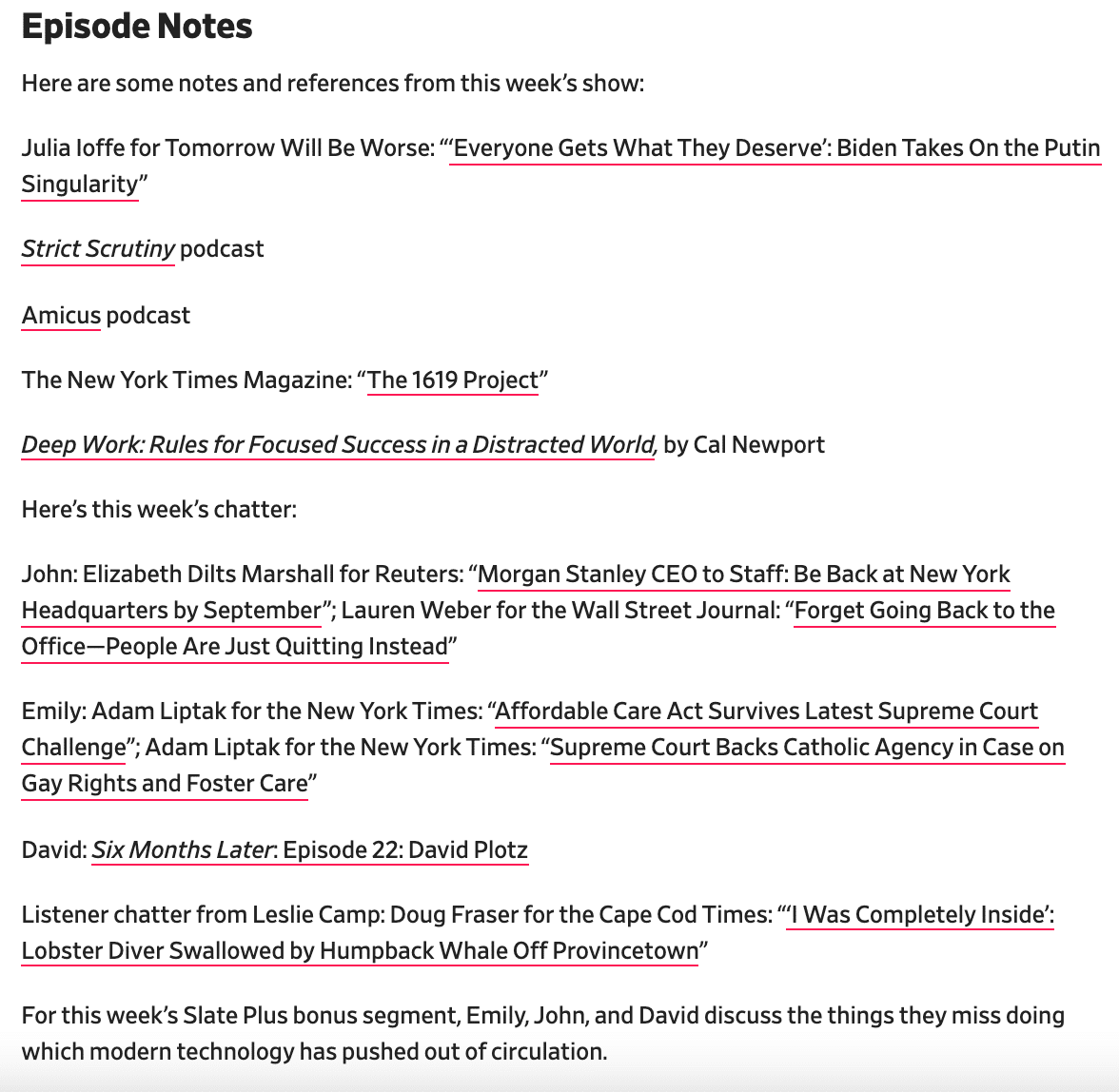 screenshot of episode notes from a podcast showing many links