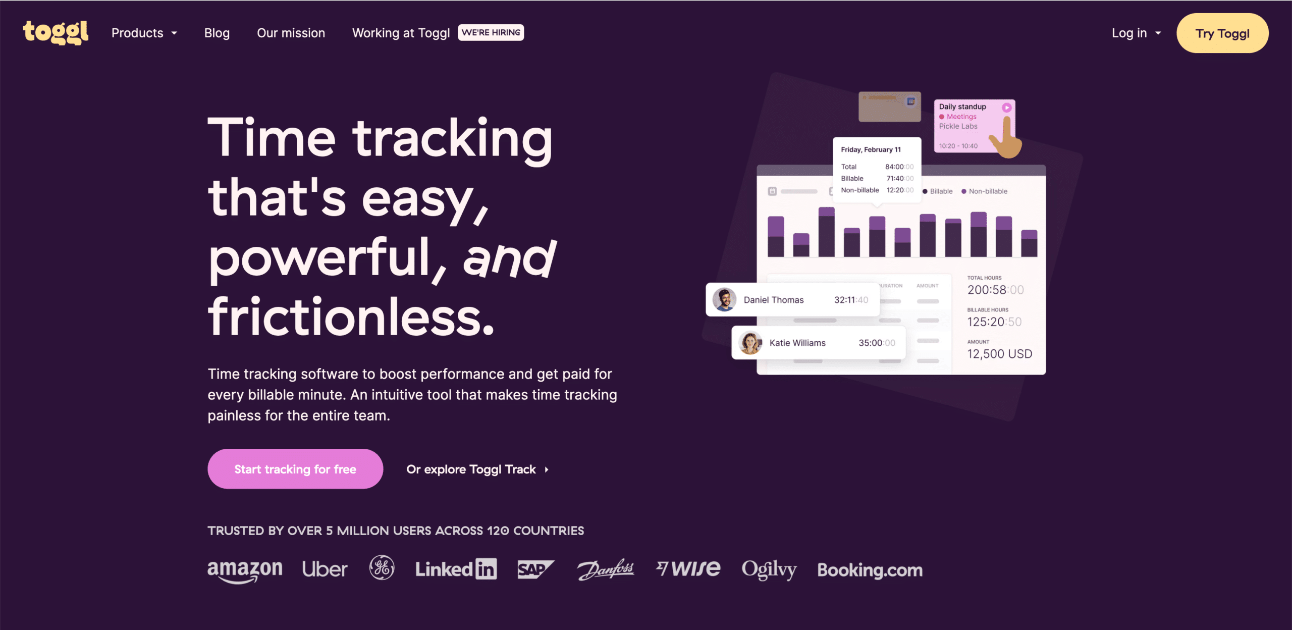 Toggl Track demonstrates many of the SaaS web design best practices