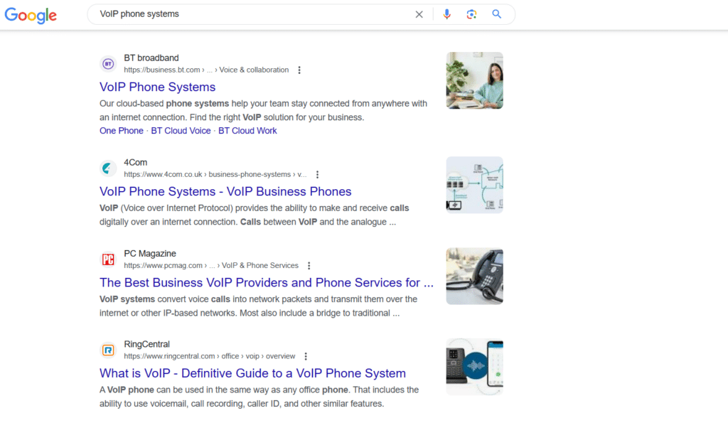 Screenshot of a SERP for “VoIP phone systems”