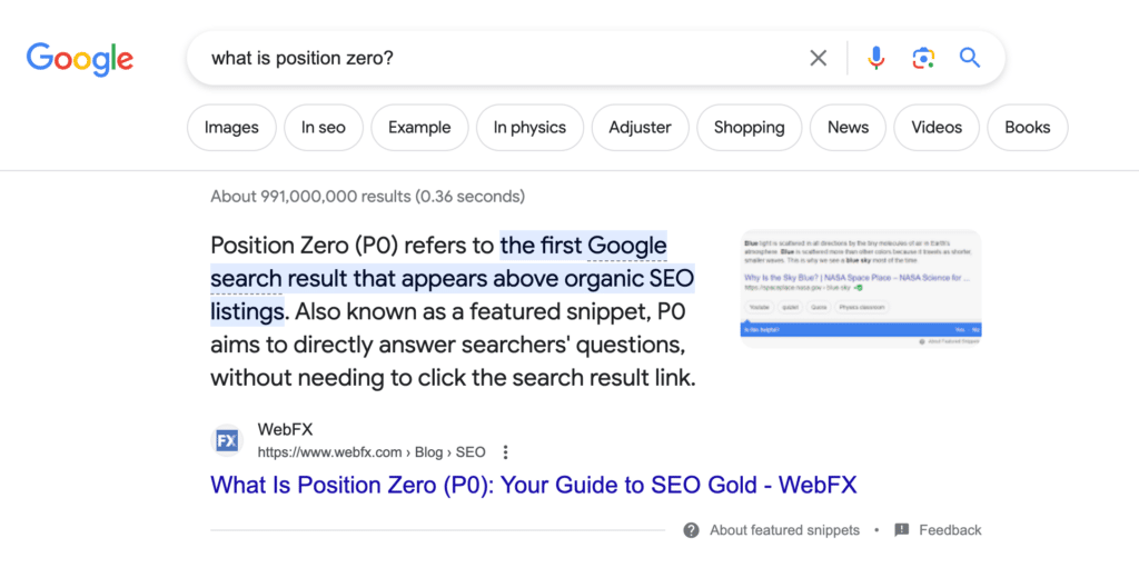 Screenshot of a SERP for “What is position zero?” which includes a featured snippet